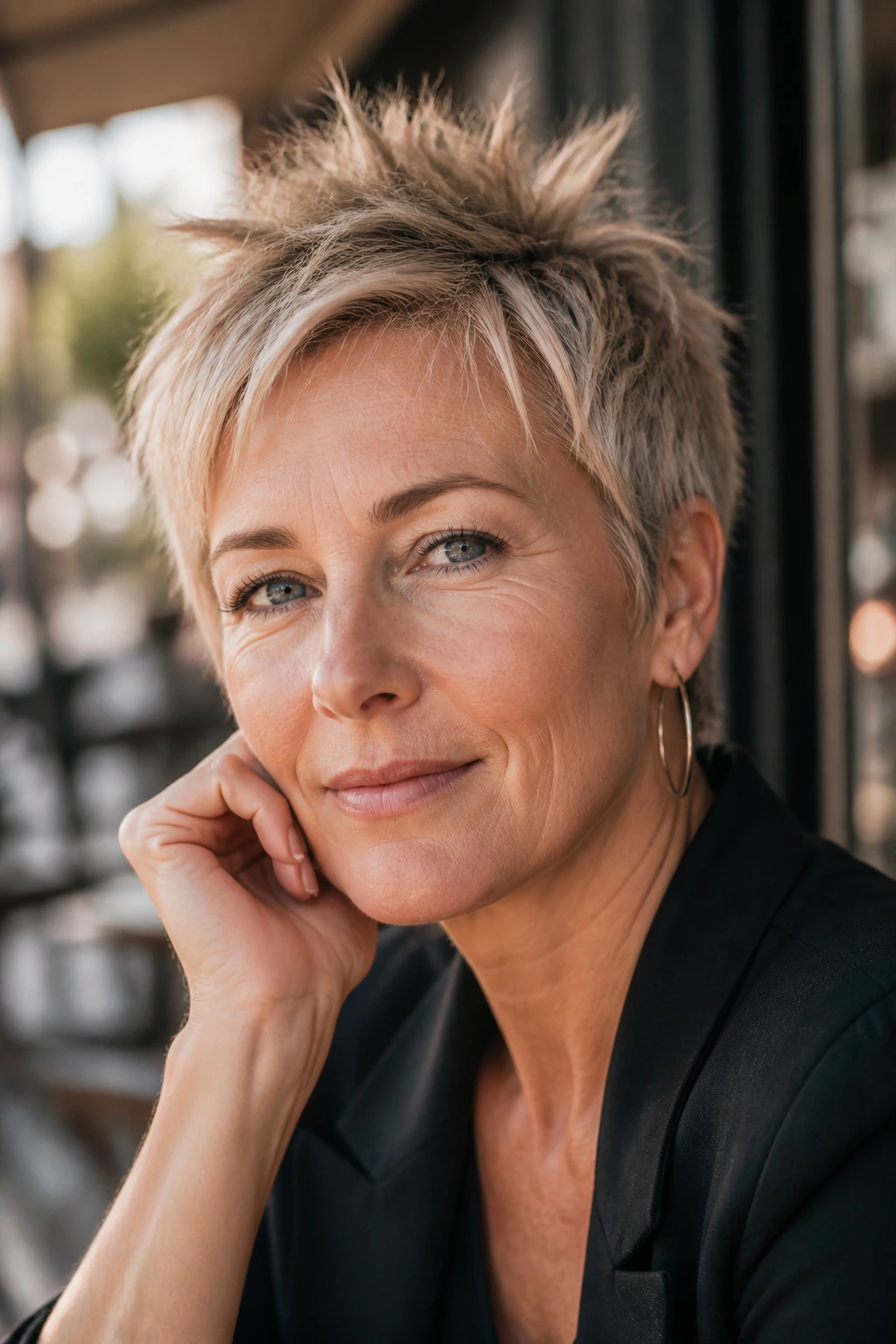 Portrait of a real woman with a soft spiky pixie hairstyle outdoors