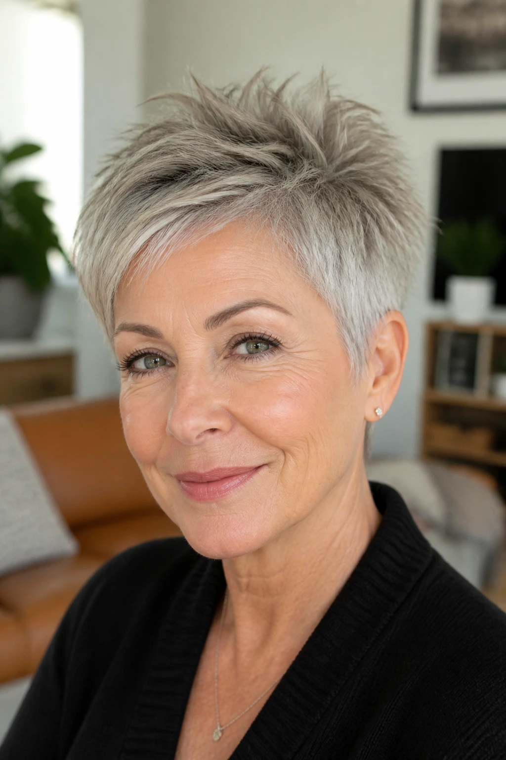 Close-up portrait of a real woman with a soft spiky pixie.