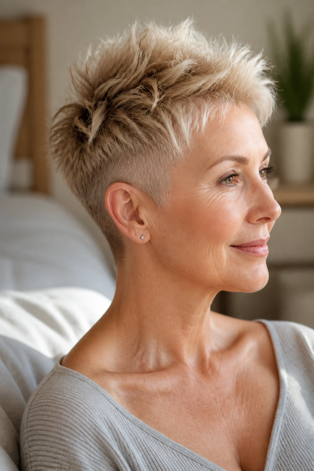 Close-up of a real woman with a soft spiky pixie and shaved nape