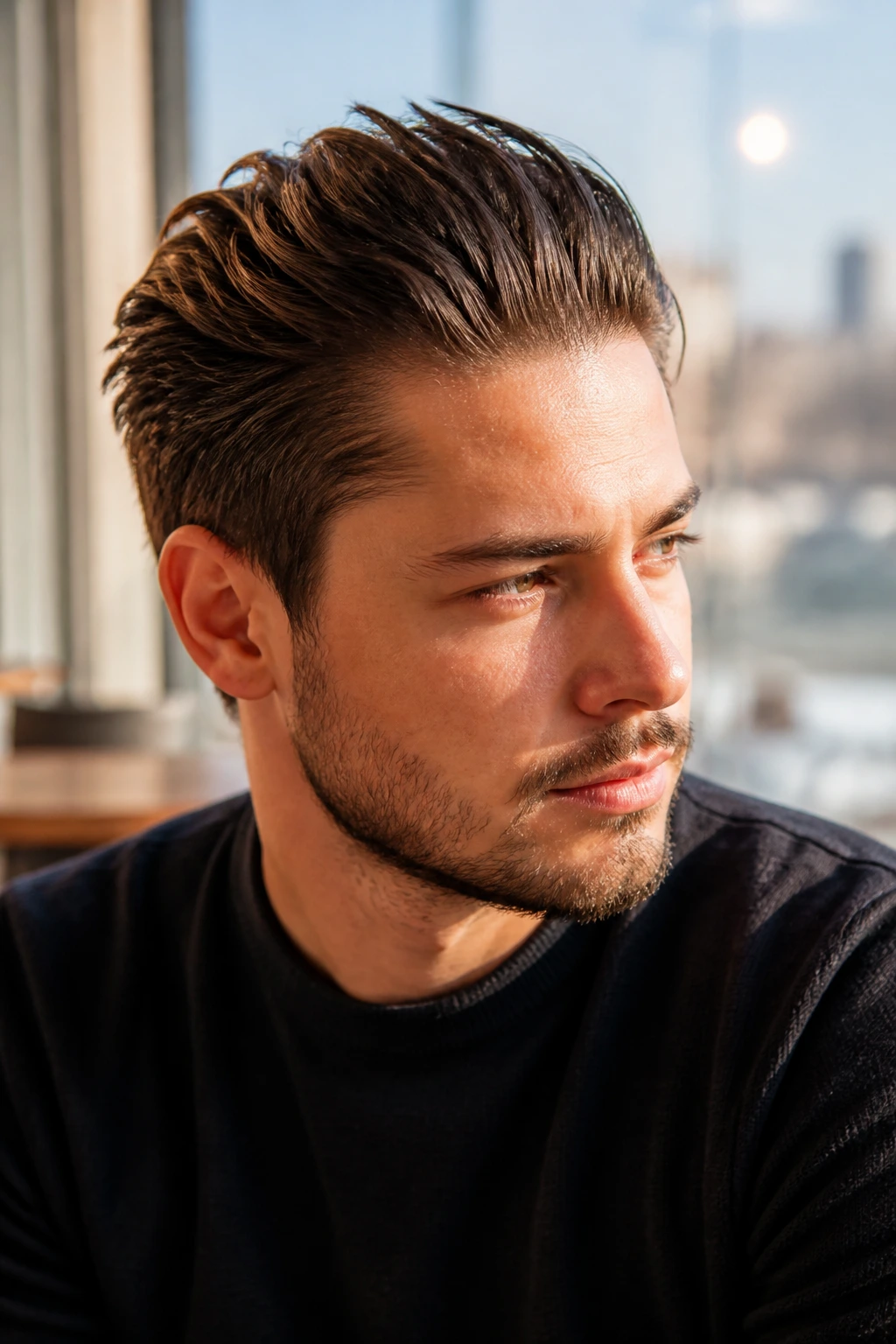 Close-up of a real person with a soft spiky slick-back hairstyle.