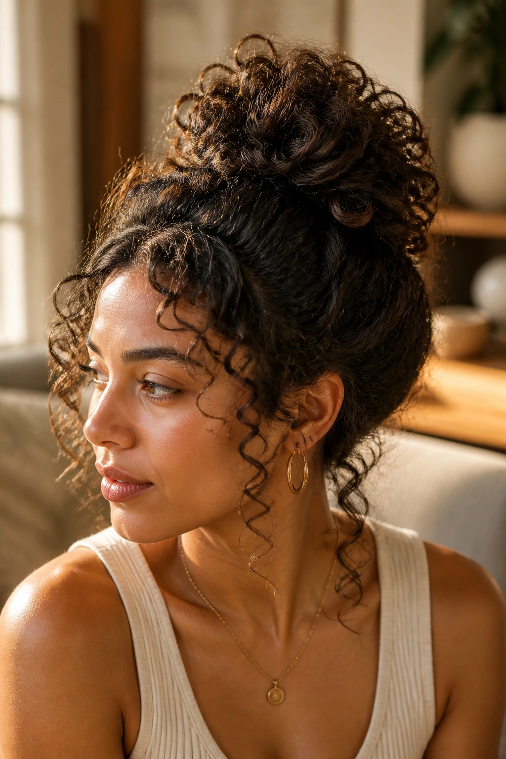 Close-up of a real person with a soft spiral bun and visible spiral curls.