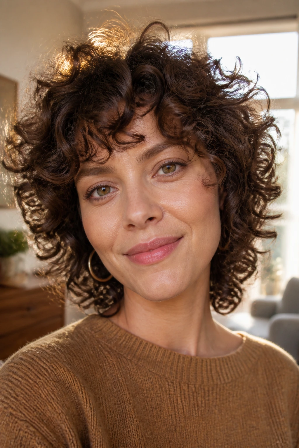 Close-up of a real woman with Soft Spiral Shag hairstyle featuring soft spiral curls