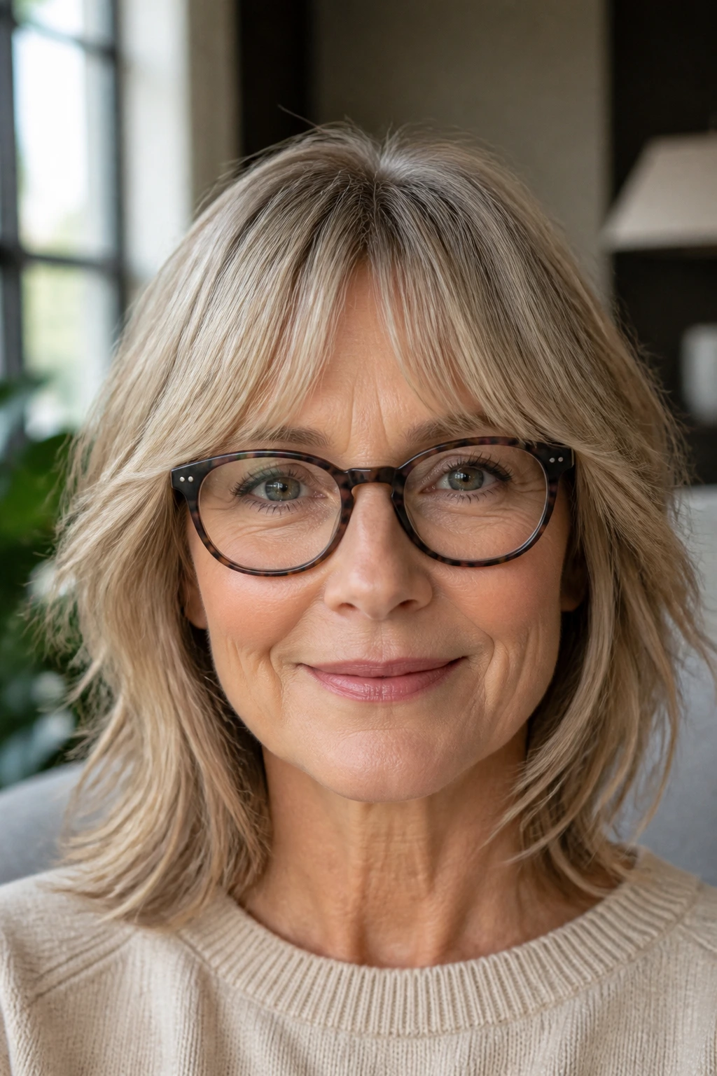 Close-up of a real woman wearing glasses with a soft split fringe clearing the lenses.