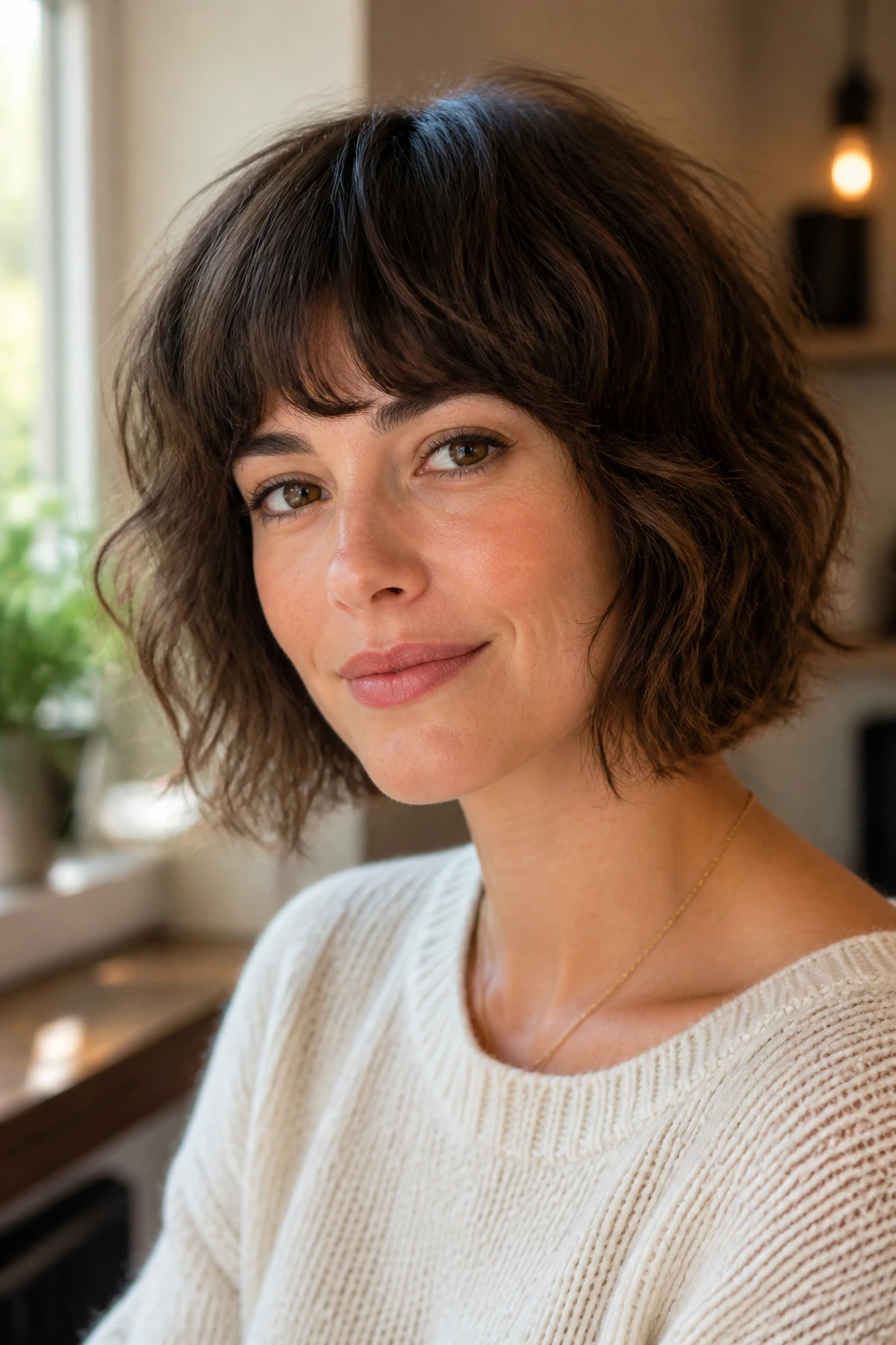 Close-up portrait of a woman with a soft square shag bob and rounded bangs, natural window light.