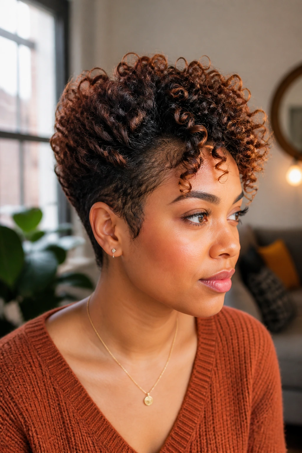 Close-up of a subject with a soft stack and carved sides in natural light