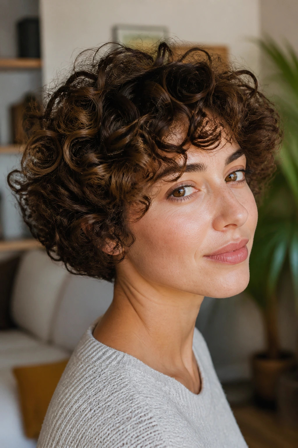 Close-up of a real person with a soft stack hairstyle featuring a rounded back.