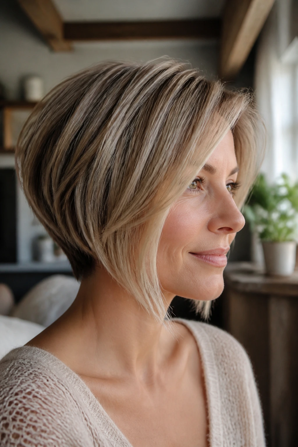 Real person wearing a soft stack hairstyle with gentle graduation