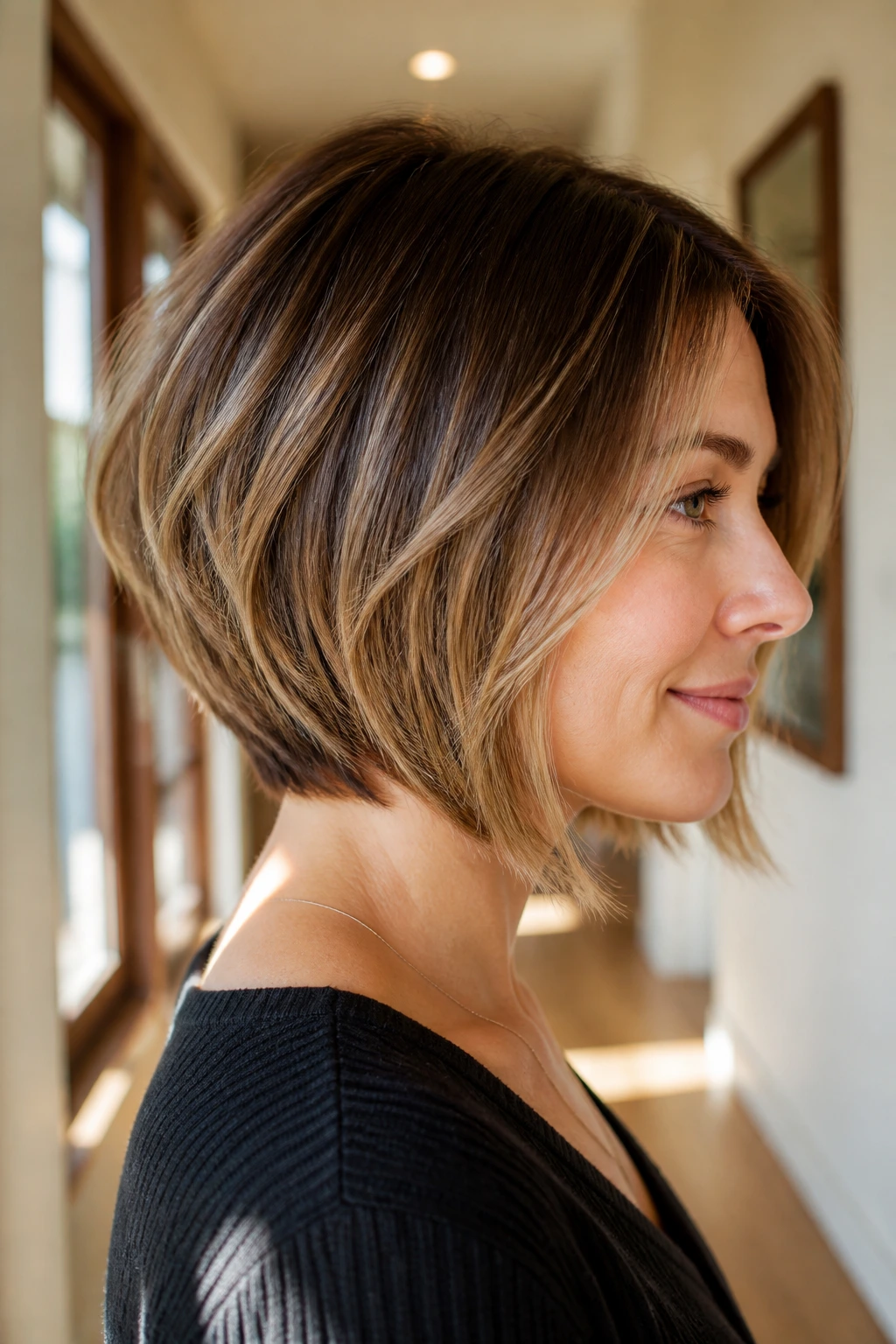 Three-quarter profile of woman with soft stacked-back lob and subtle nape lift.