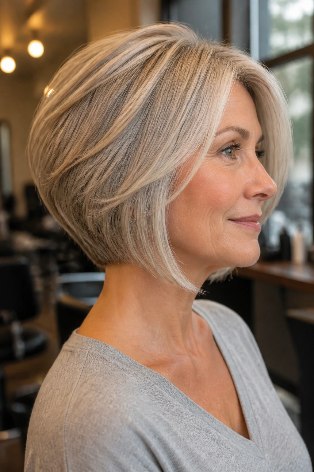 Portrait of a real woman with a soft stacked bob in a chic salon with warm light