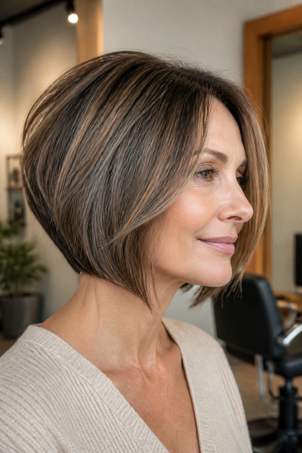 Close-up portrait of a real woman with a soft stacked bob and gentle crown lift