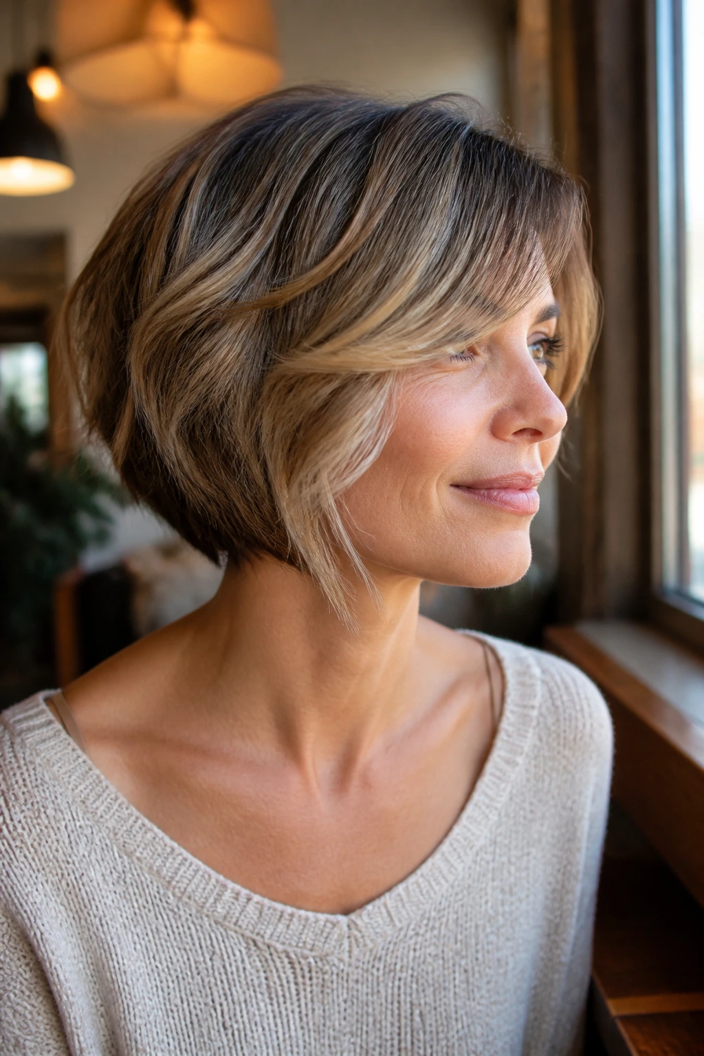 Close-up of real woman with soft stacked bob and side fringe