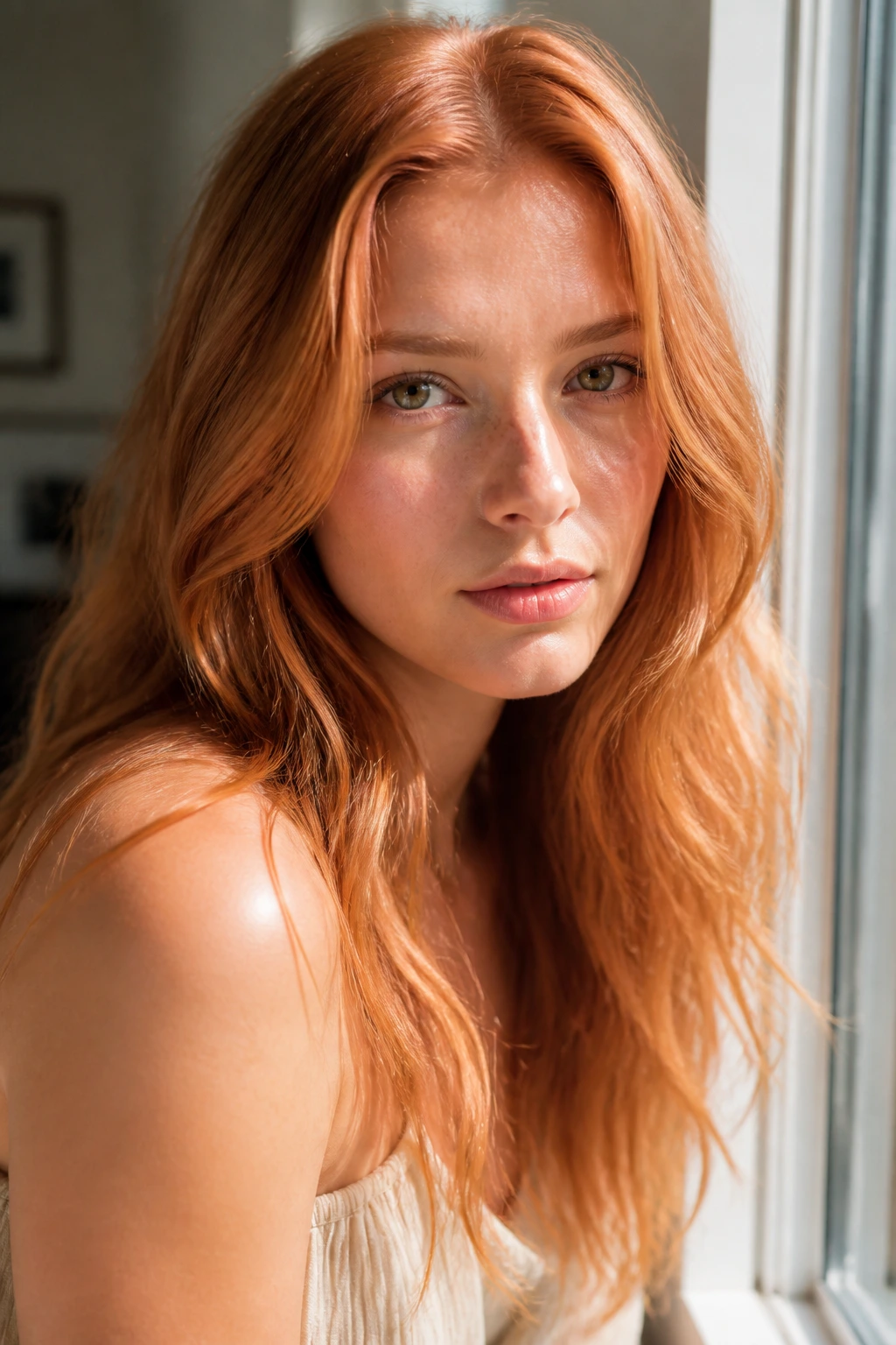 Real person with soft strawberry copper hair in daylight