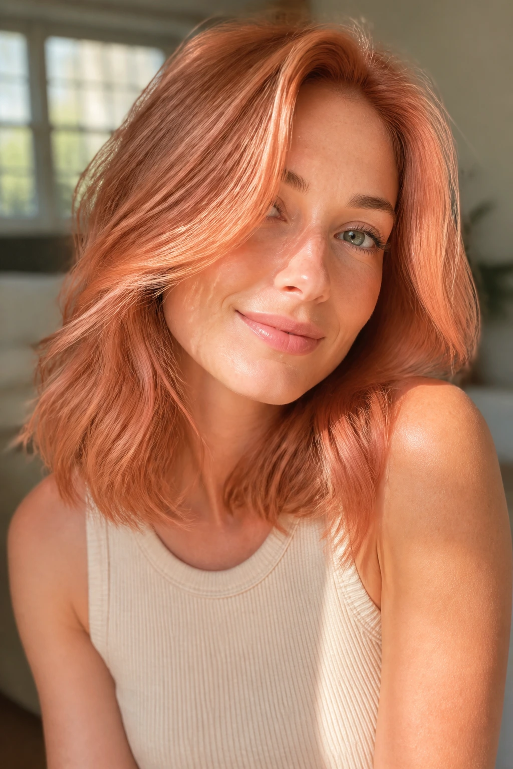 Close-up of soft strawberry copper hair on a real person in morning light