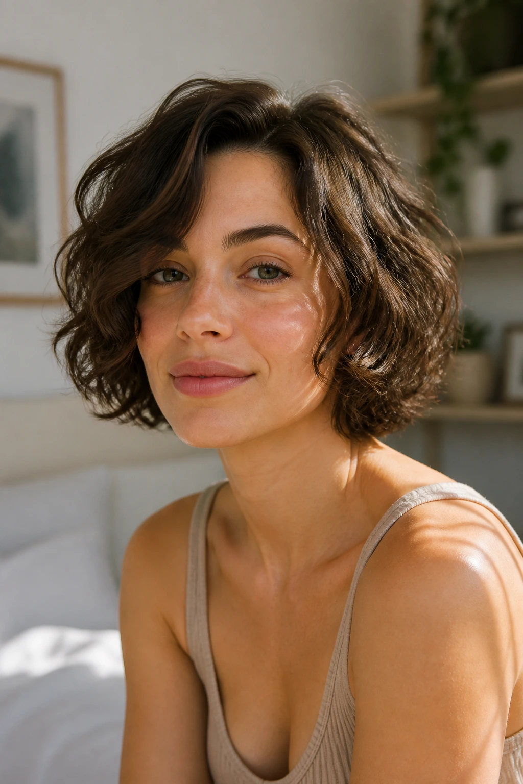 Portrait of real person with softly styled short wavy hair.