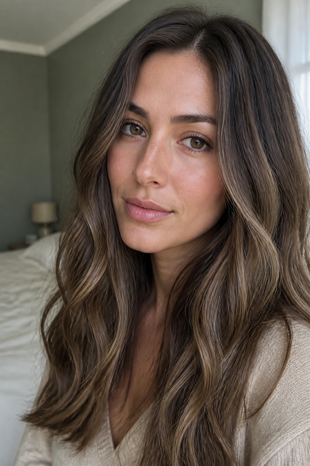 Soft summer brunette balayage in a tranquil room