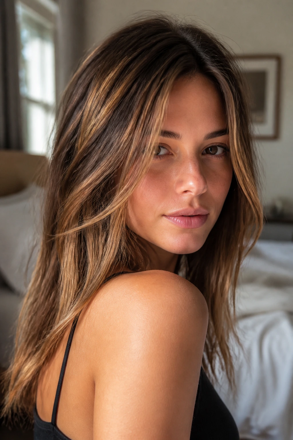 Portrait of a woman with subtle sunbeam highlights in fine brown hair