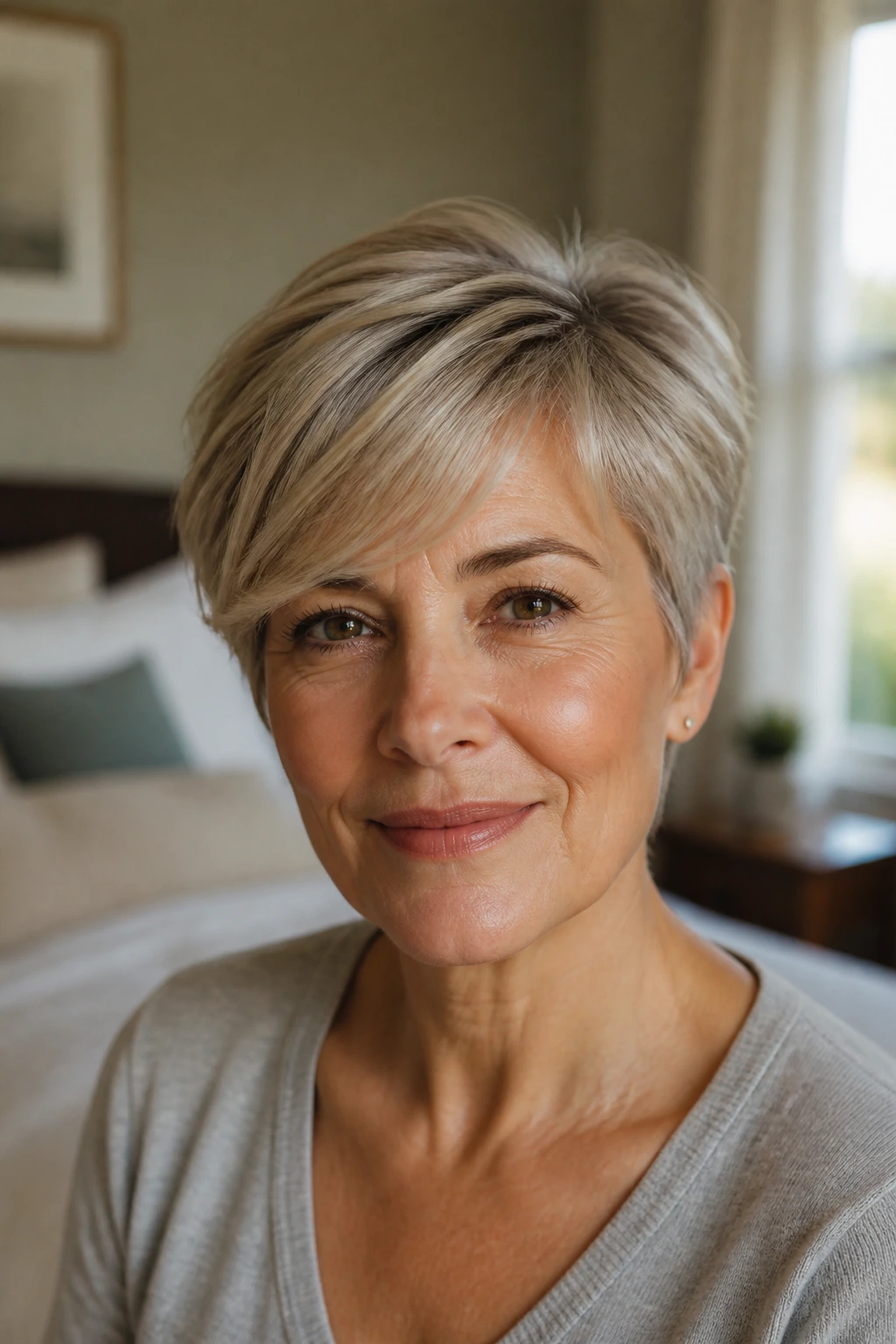 Close-up of a real woman with a short haircut featuring a soft sweep fringe across the forehead in a cozy bedroom.
