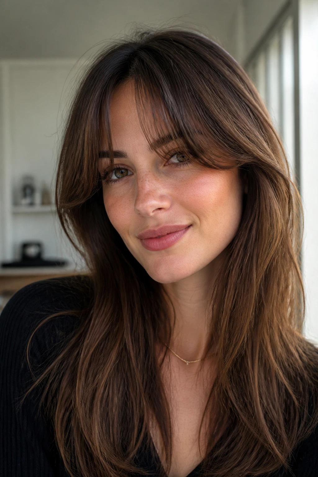 Portrait of a woman with soft, swingy bottleneck fringe