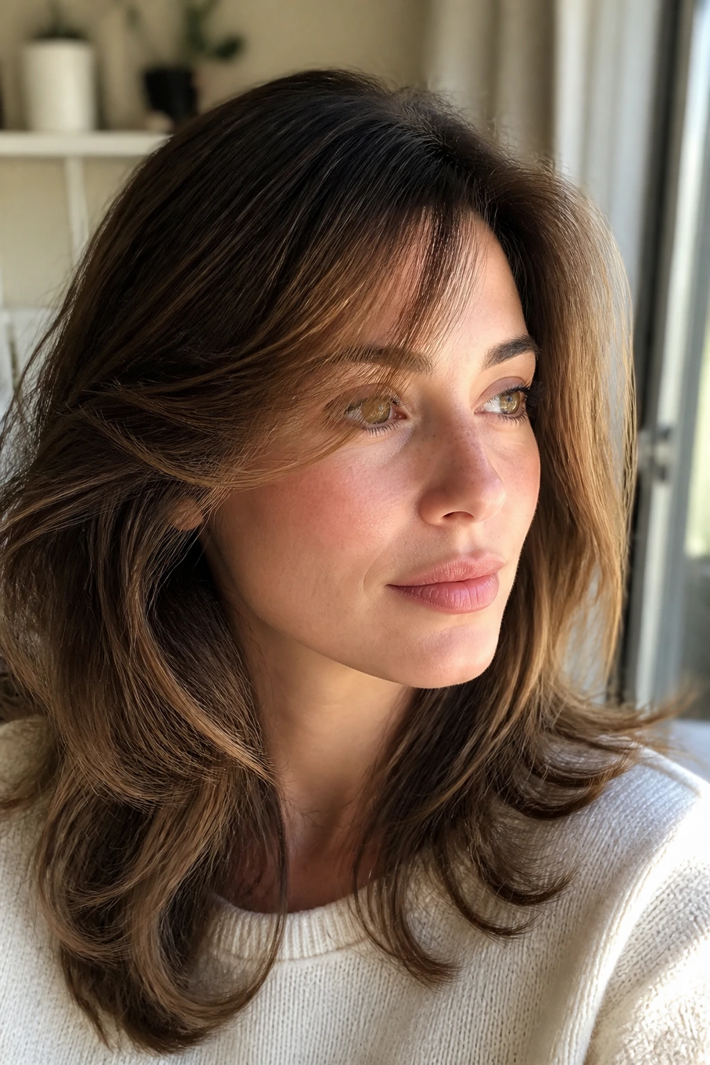 Real woman with soft swoop bangs swept to the side in living room daylight.