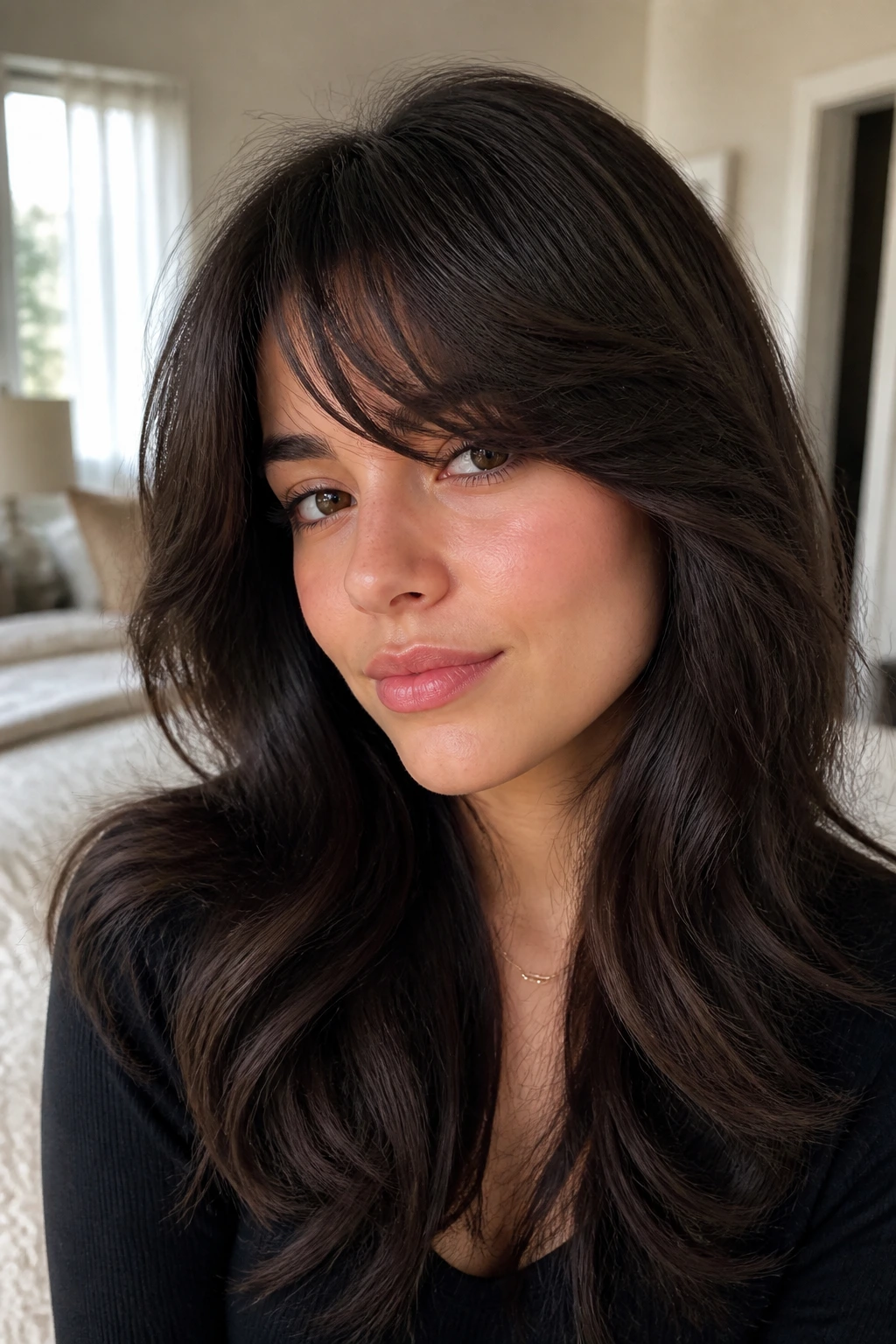 Close-up portrait of a real woman with soft swoop bangs on thick hair in a warm bedroom light