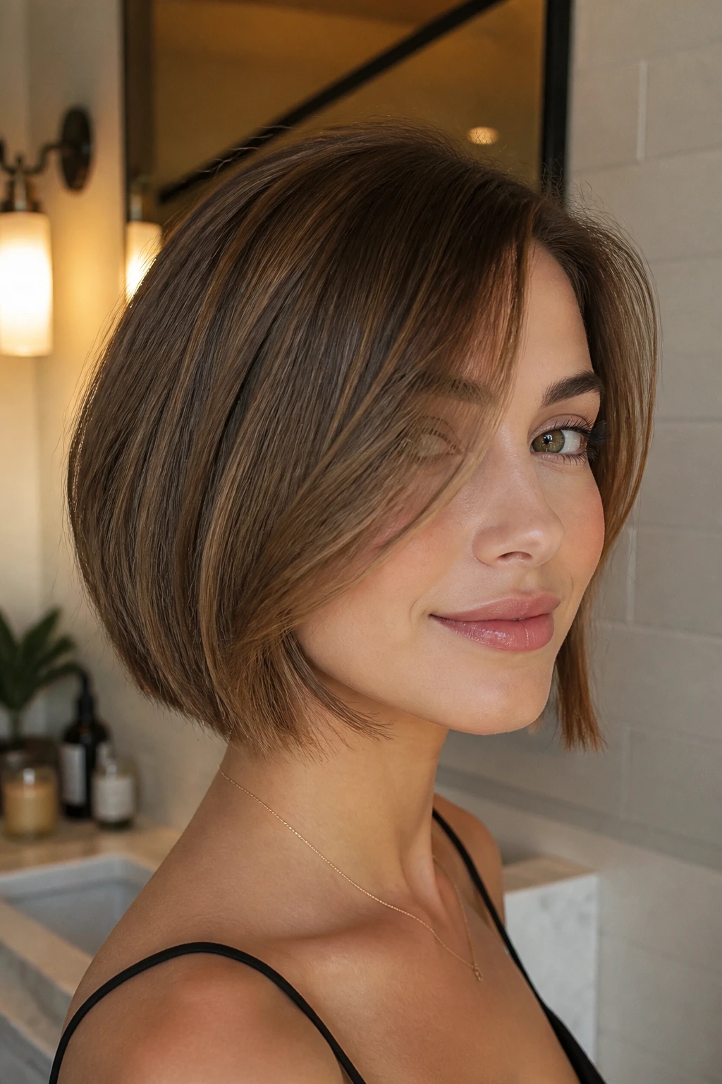 Real person with soft swoop on chin-length bob in warm bathroom light