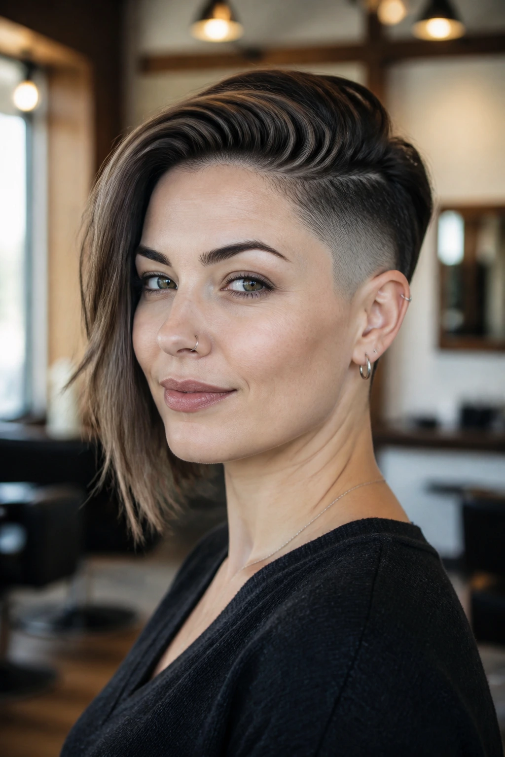 Close-up portrait of a real woman with a soft taper side fade in warm salon light