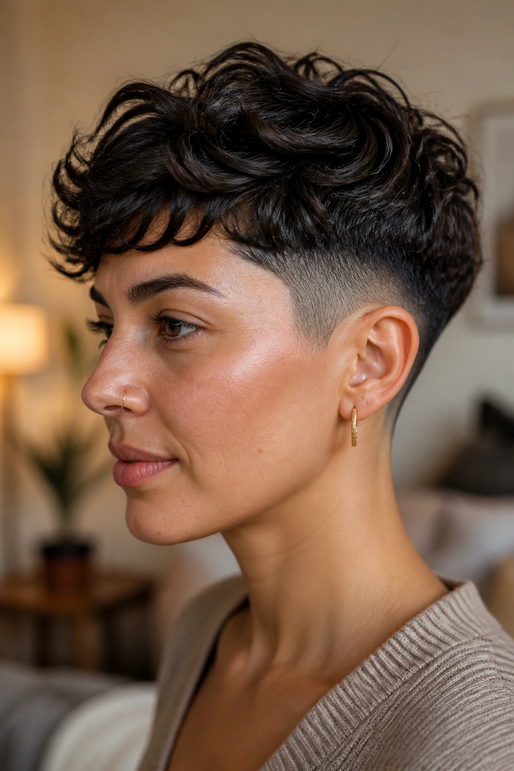 Close-up of a real person with a soft taper fade on wavy hair
