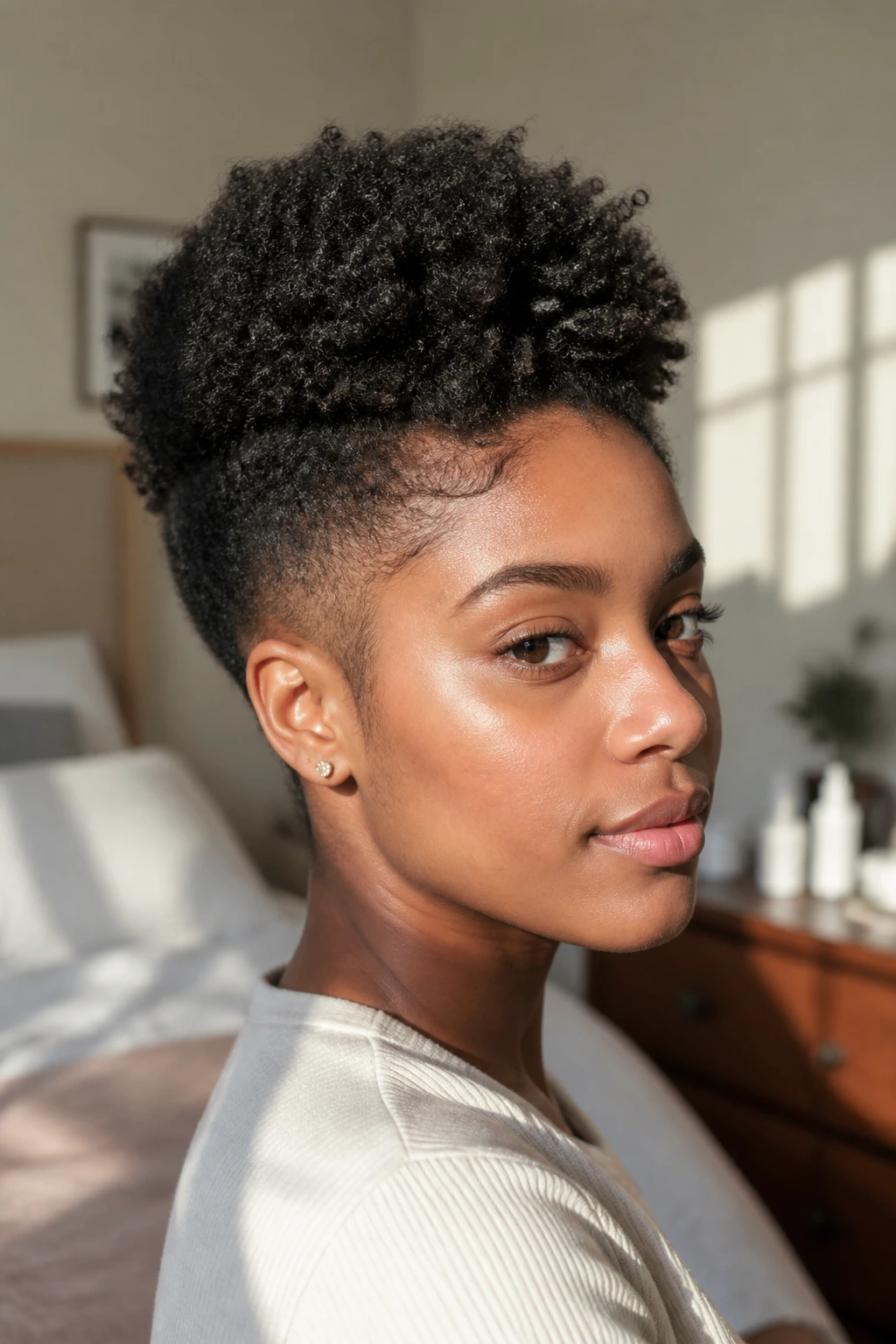Close-up portrait of a real person showing soft taper with a puff crown hairstyle