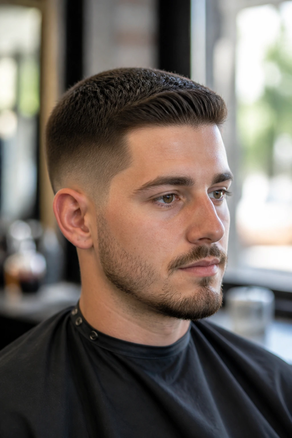 Close-up portrait of a man with a soft tapered buzz on the sides, long top, in a barber shop.