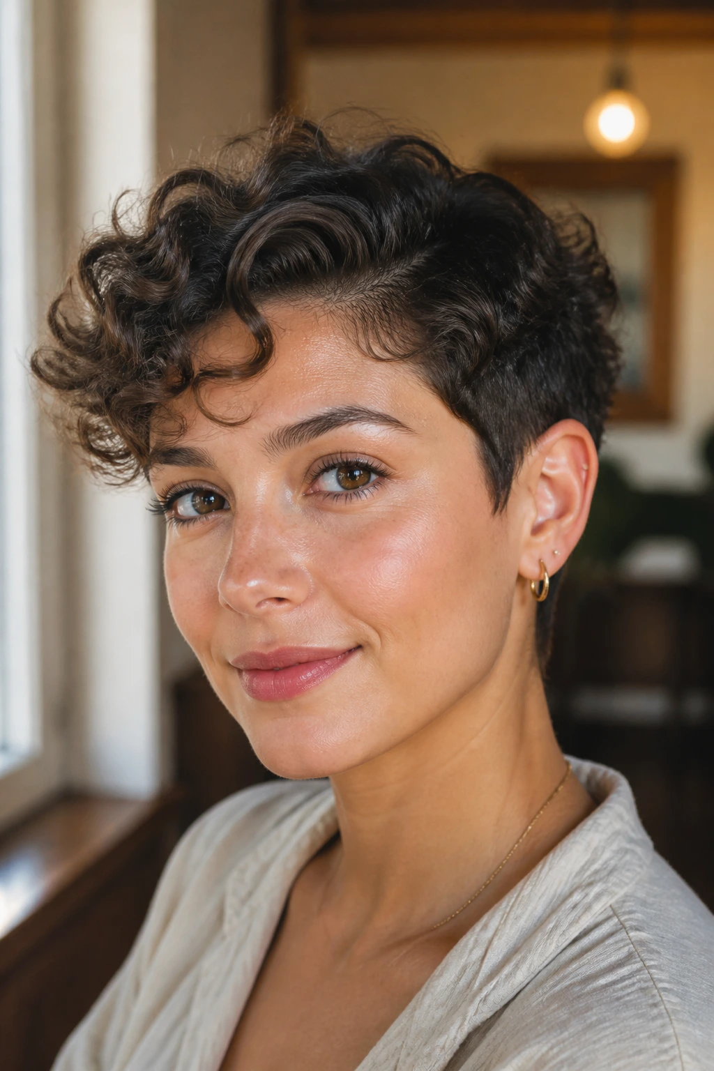 Portrait of a real person with a soft tapered curly pixie featuring tapered sides and longer top