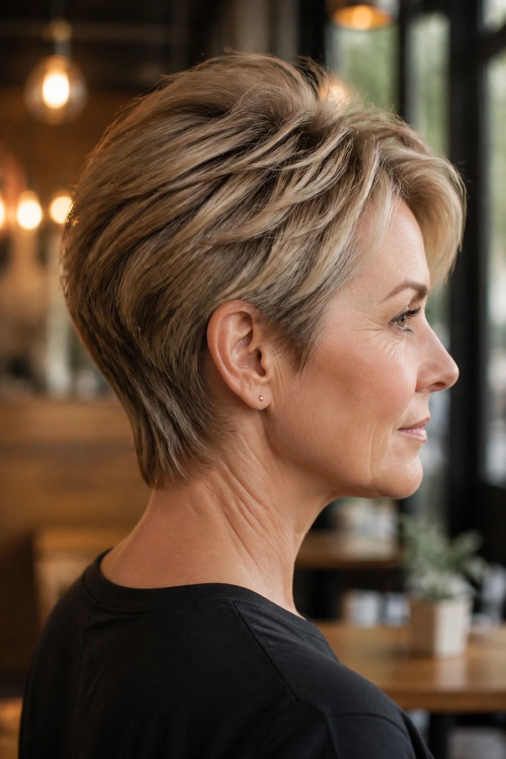 Soft tapered short cut with longer nape on real woman
