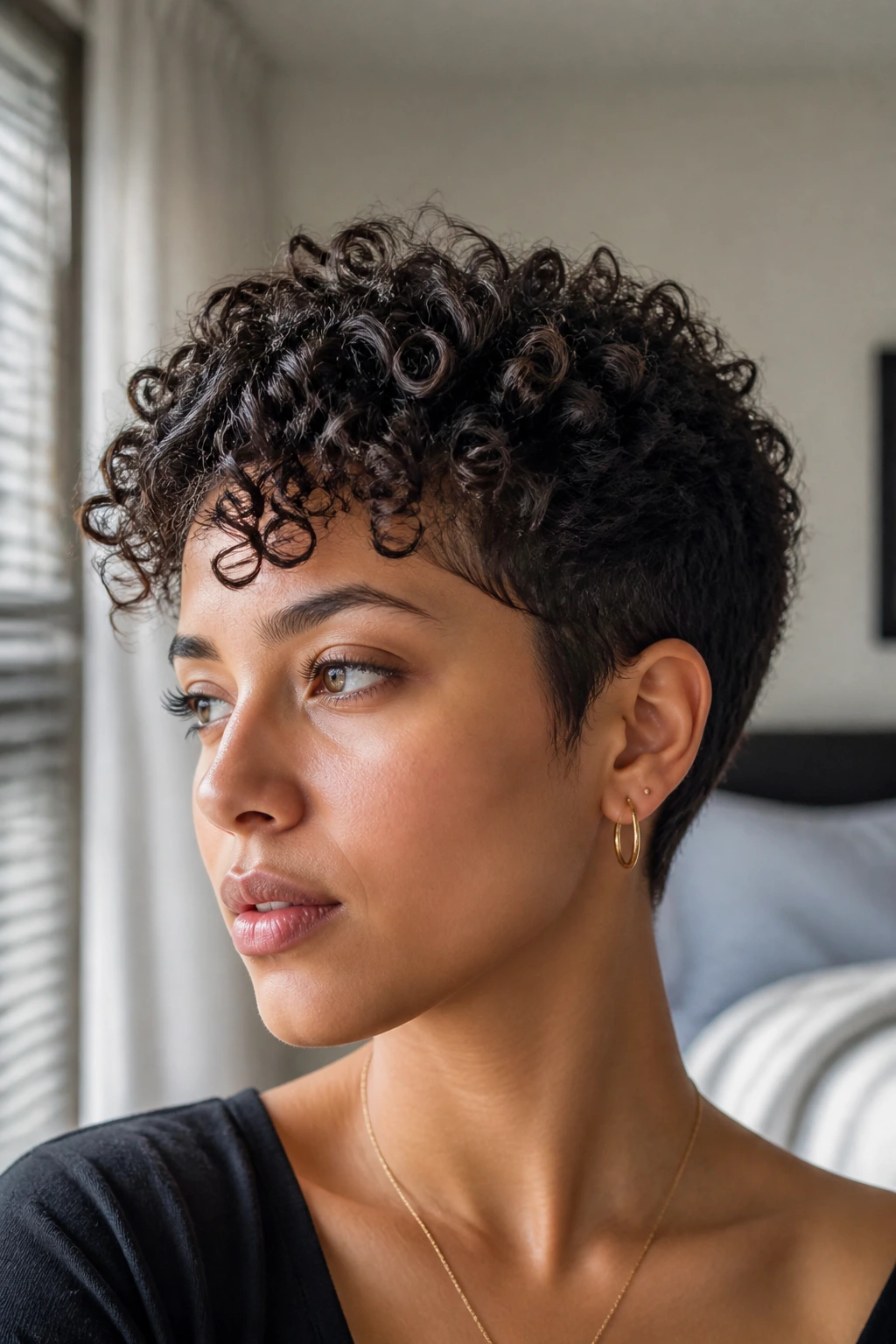 Close-up portrait of a real woman with a soft tapered pixie and stacked curls.