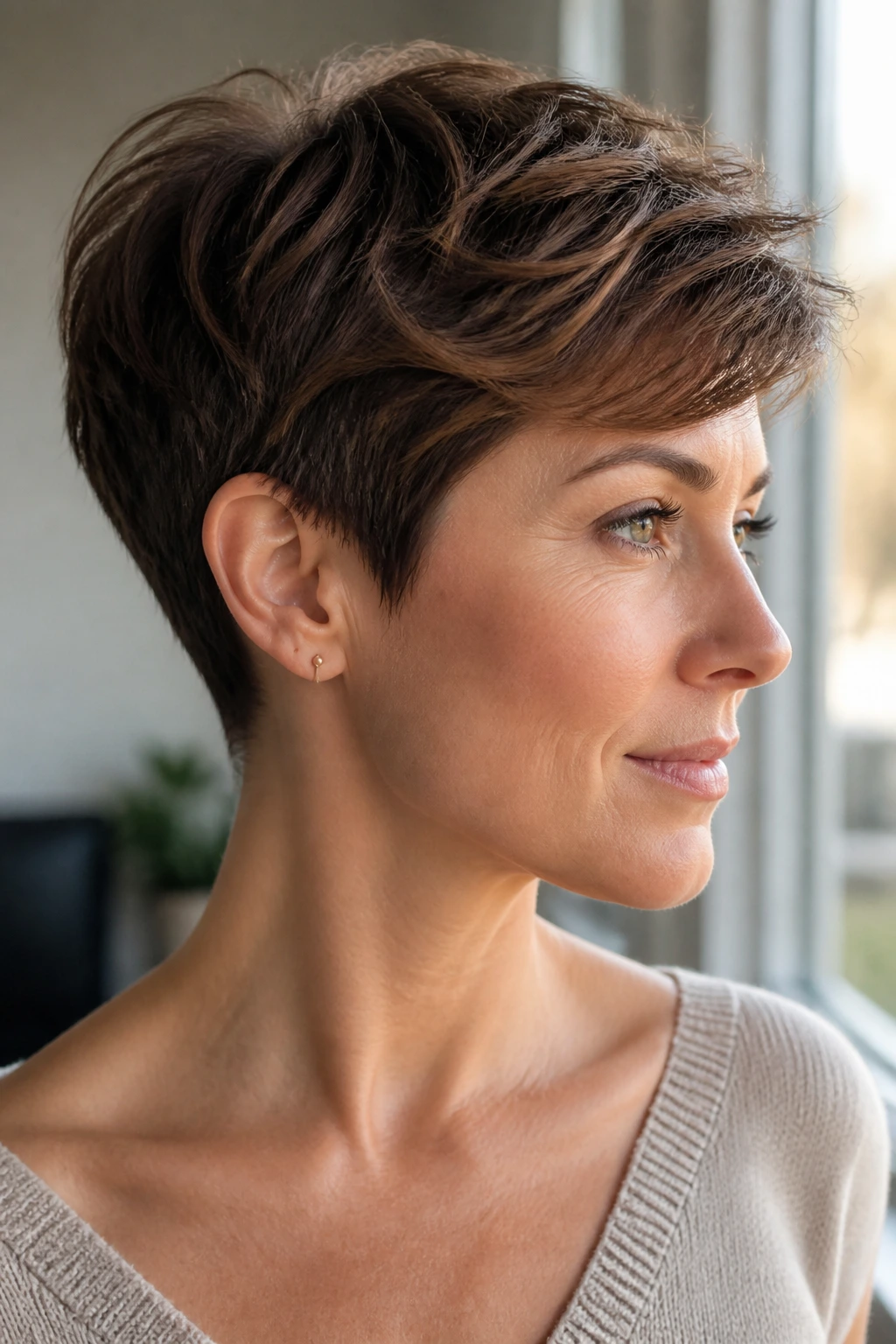 Close-up portrait of a real woman with a soft tapered pixie showing nape and top length