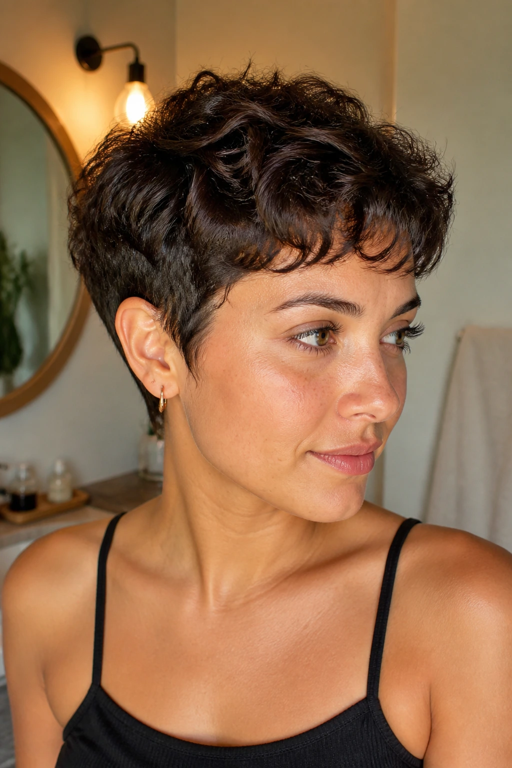 Close-up of a woman with a soft tapered pixie showing crown length and clean nape