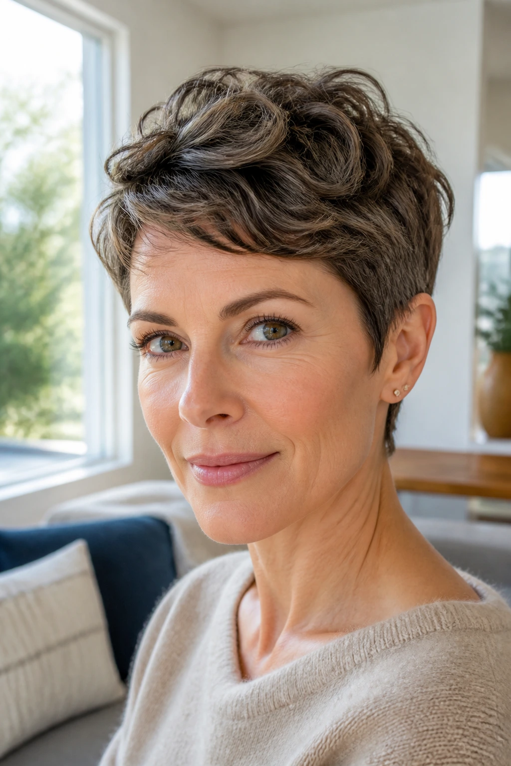 Close-up portrait of a real woman with soft tapered pixie hairstyle