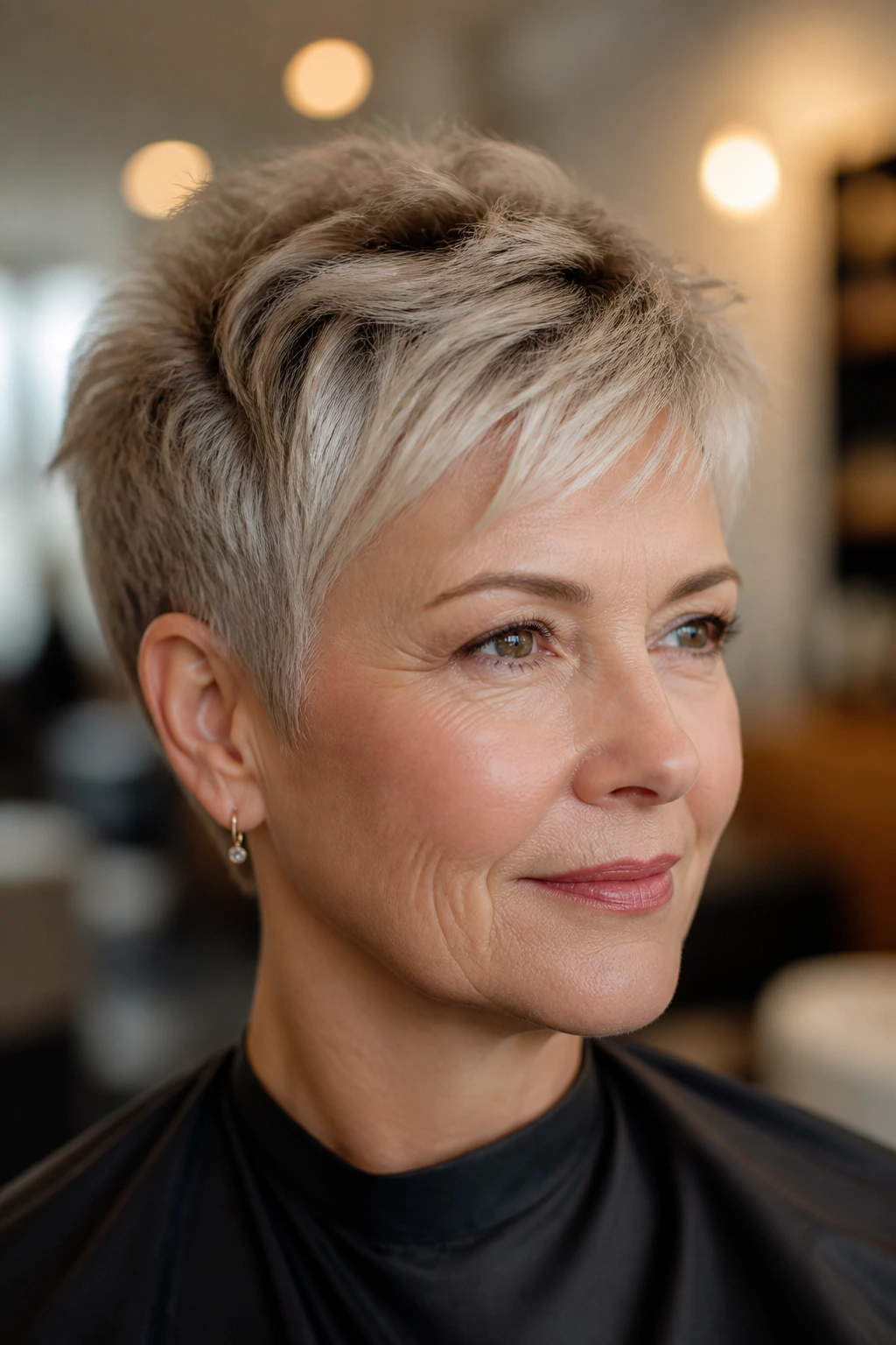 Close-up portrait of a woman with a soft tapered pixie in a salon