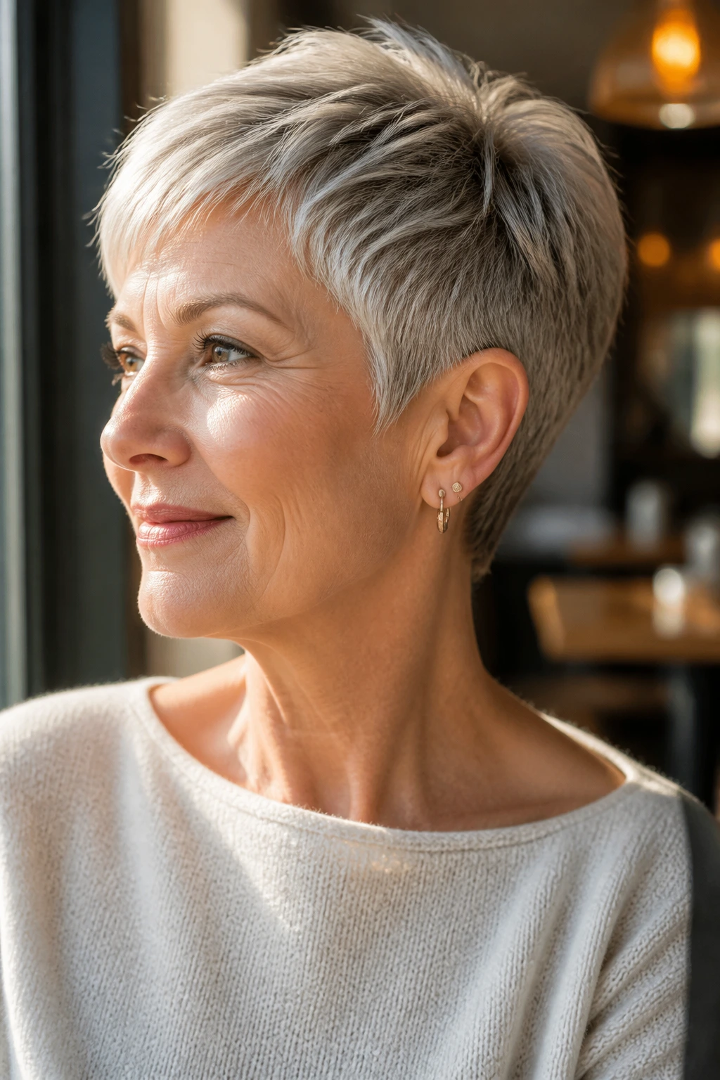 Portrait of a real woman with a soft tapered pixie.