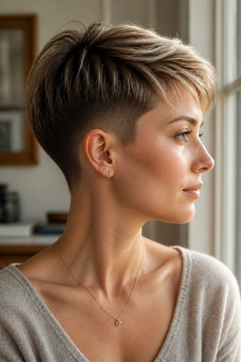 Close-up portrait of a real woman with a soft tapered undercut for fine hair under warm window light