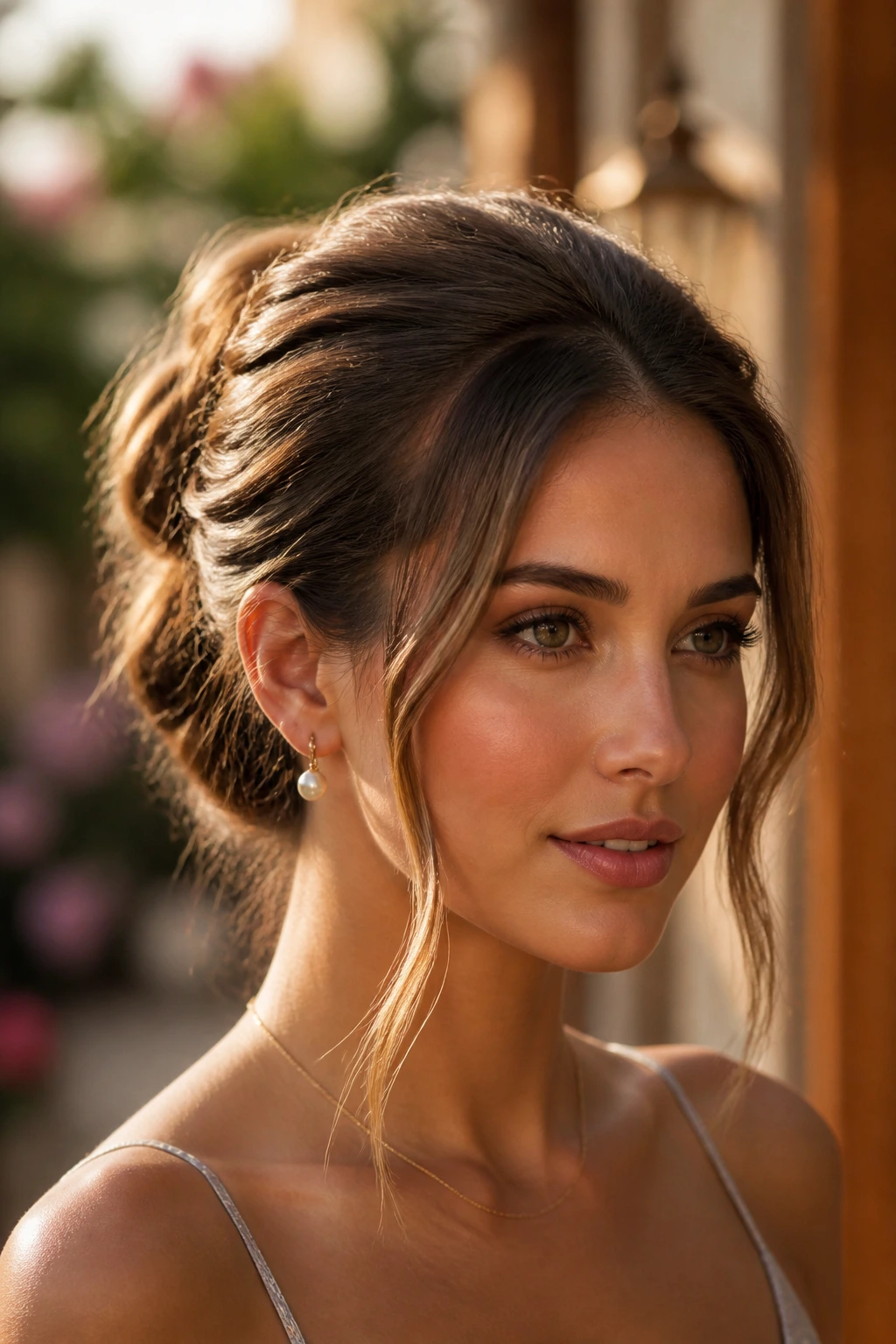Portrait of a real woman with soft tendrils framing the face and a gentle bun.