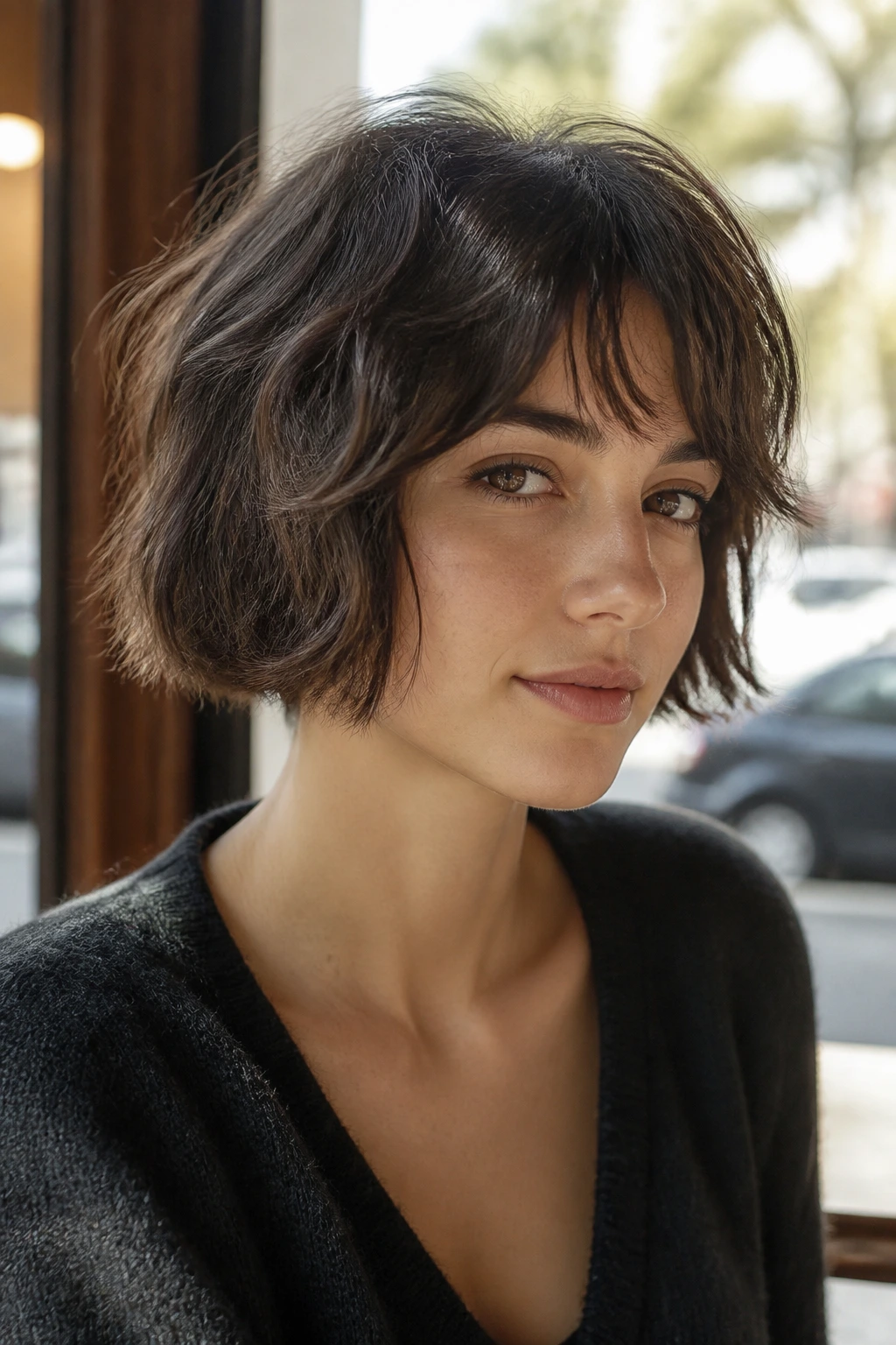 Close-up of a real woman with a softly textured wavy French bob in a sunlit cafe