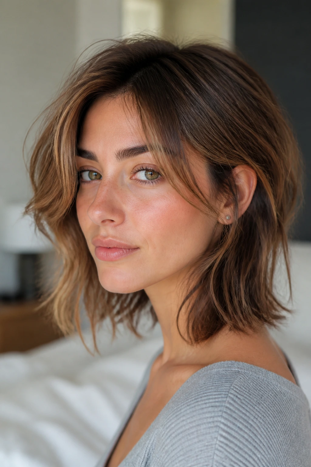 Close-up of soft feathered hair texture on a real person