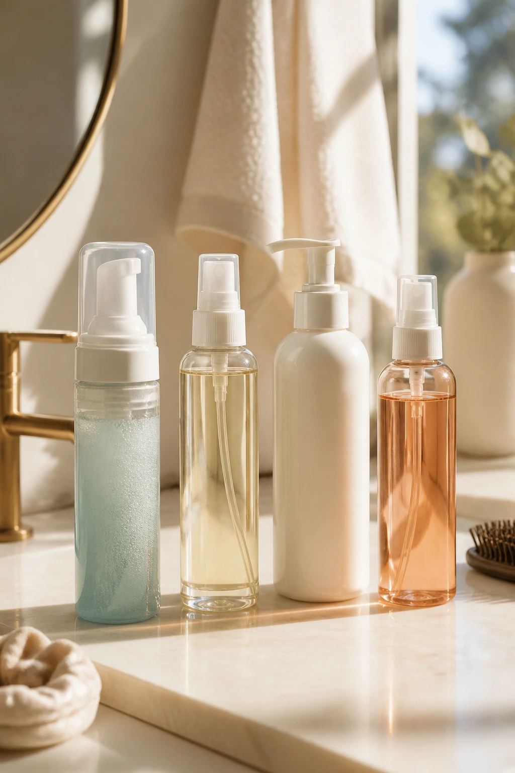 Close-up of soft texture hair products displayed on bathroom counter