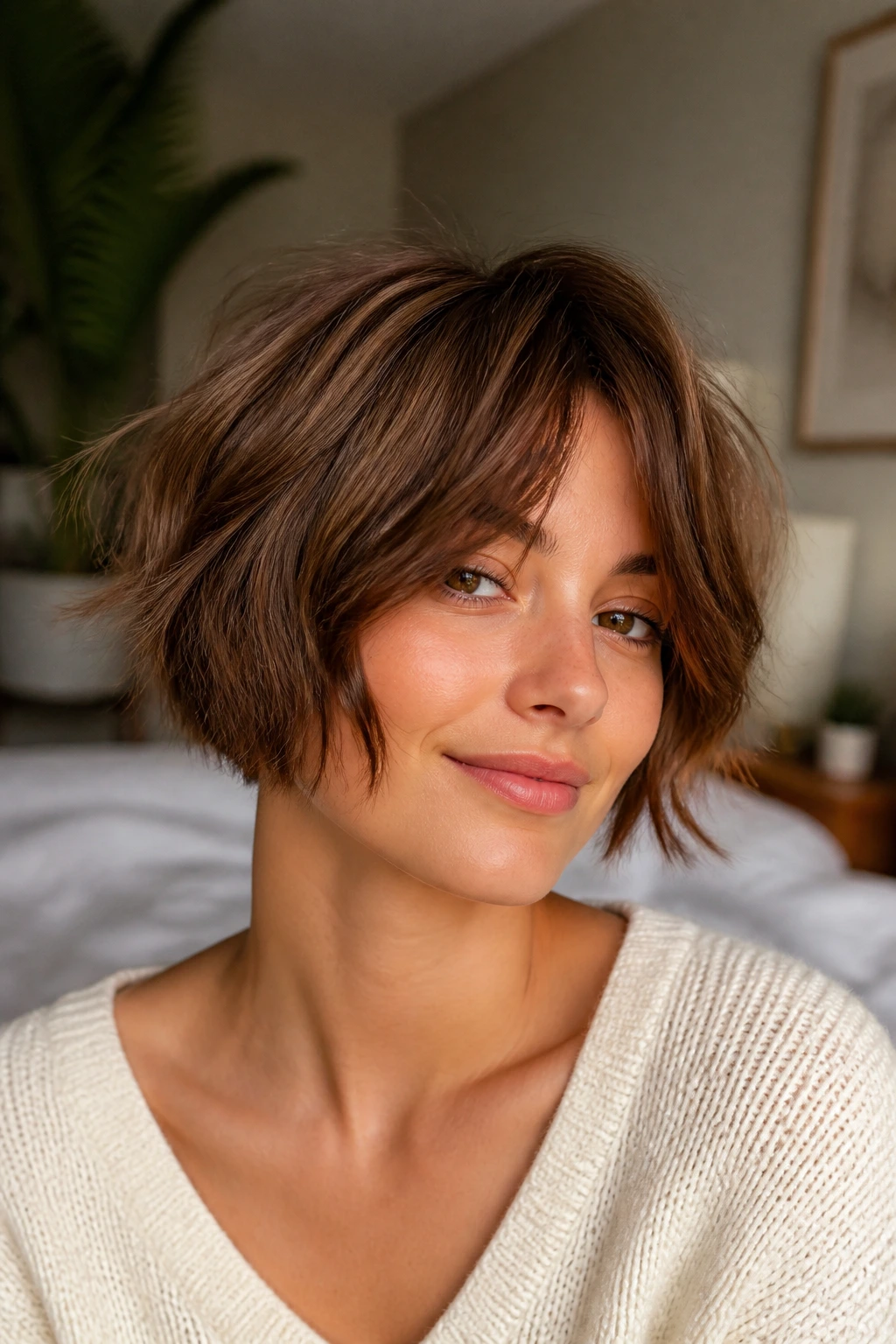 Close-up of a real person with a softly textured short choppy haircut in warm light