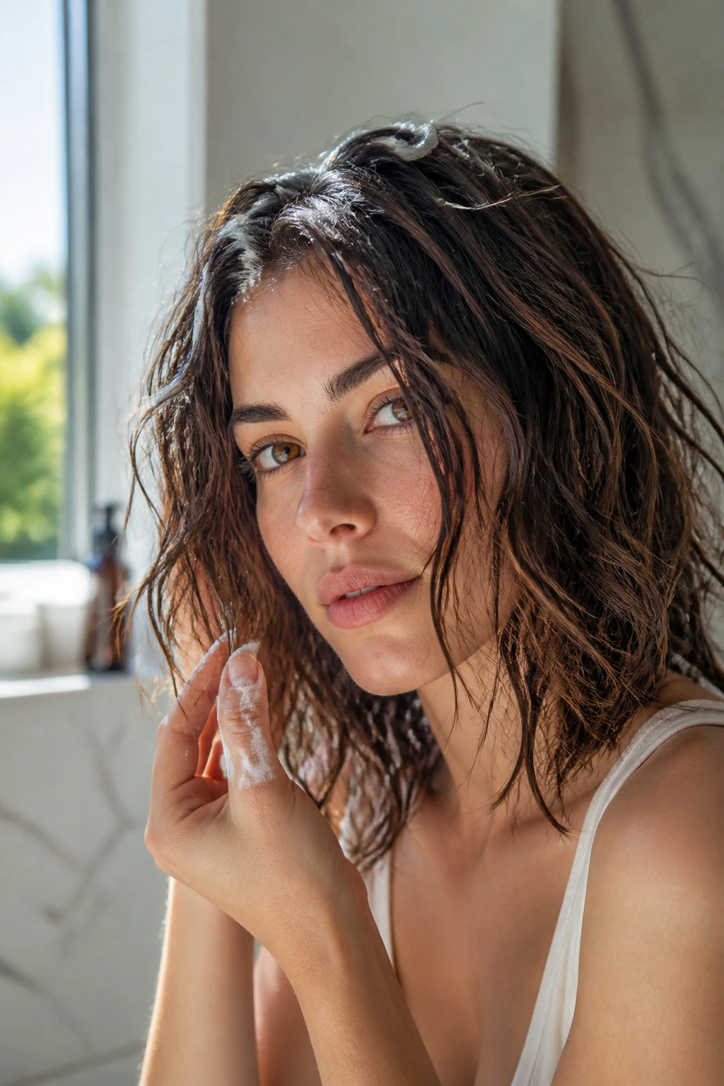 Close-up of real woman with shoulder-length choppy hair showing soft texture and scrunched front pieces