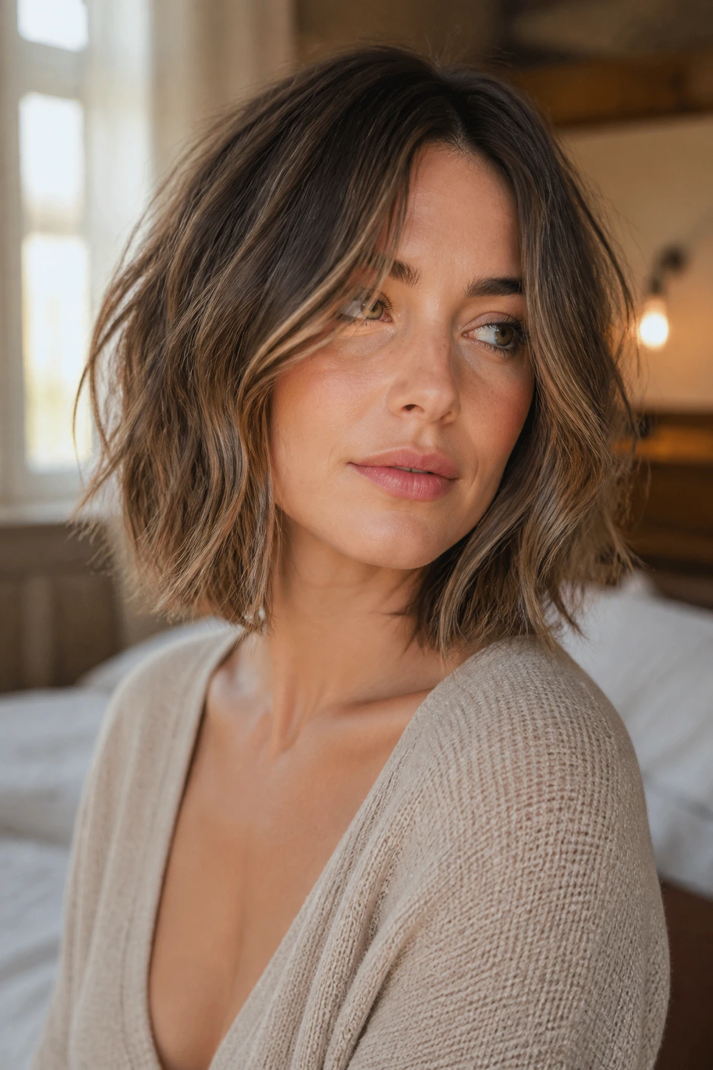 Close-up portrait of a real woman with soft texture shoulder-length choppy hair