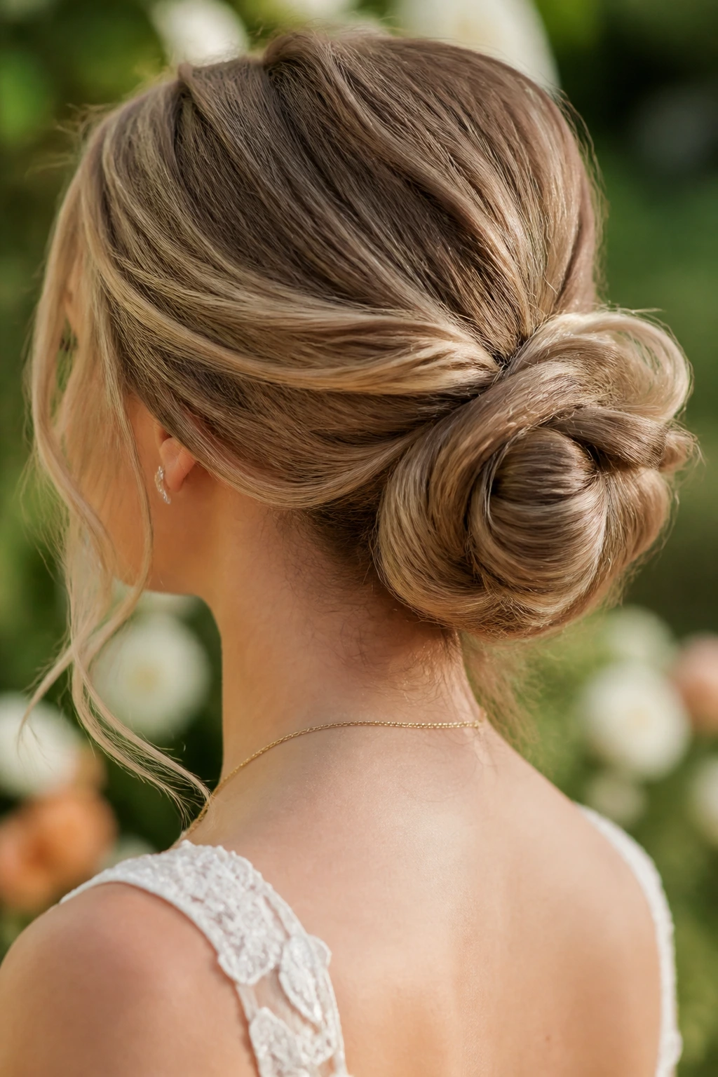 Close-up of a real bride with a soft textured low bun outdoors