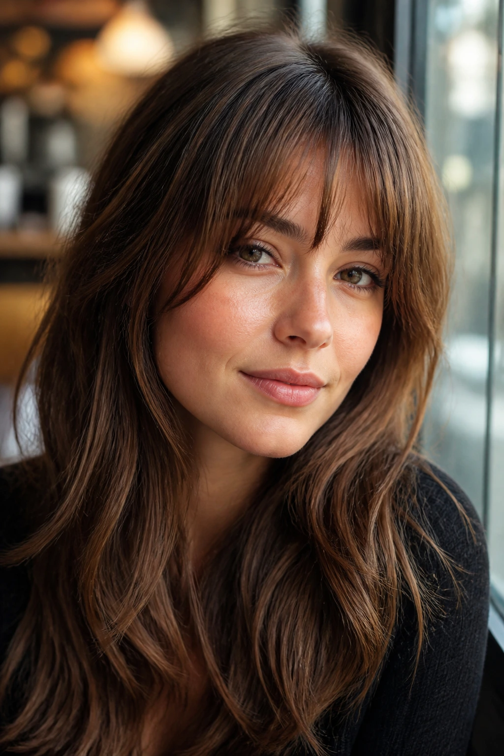 Close-up of a woman wearing soft textured fringe in a sunlit cafe