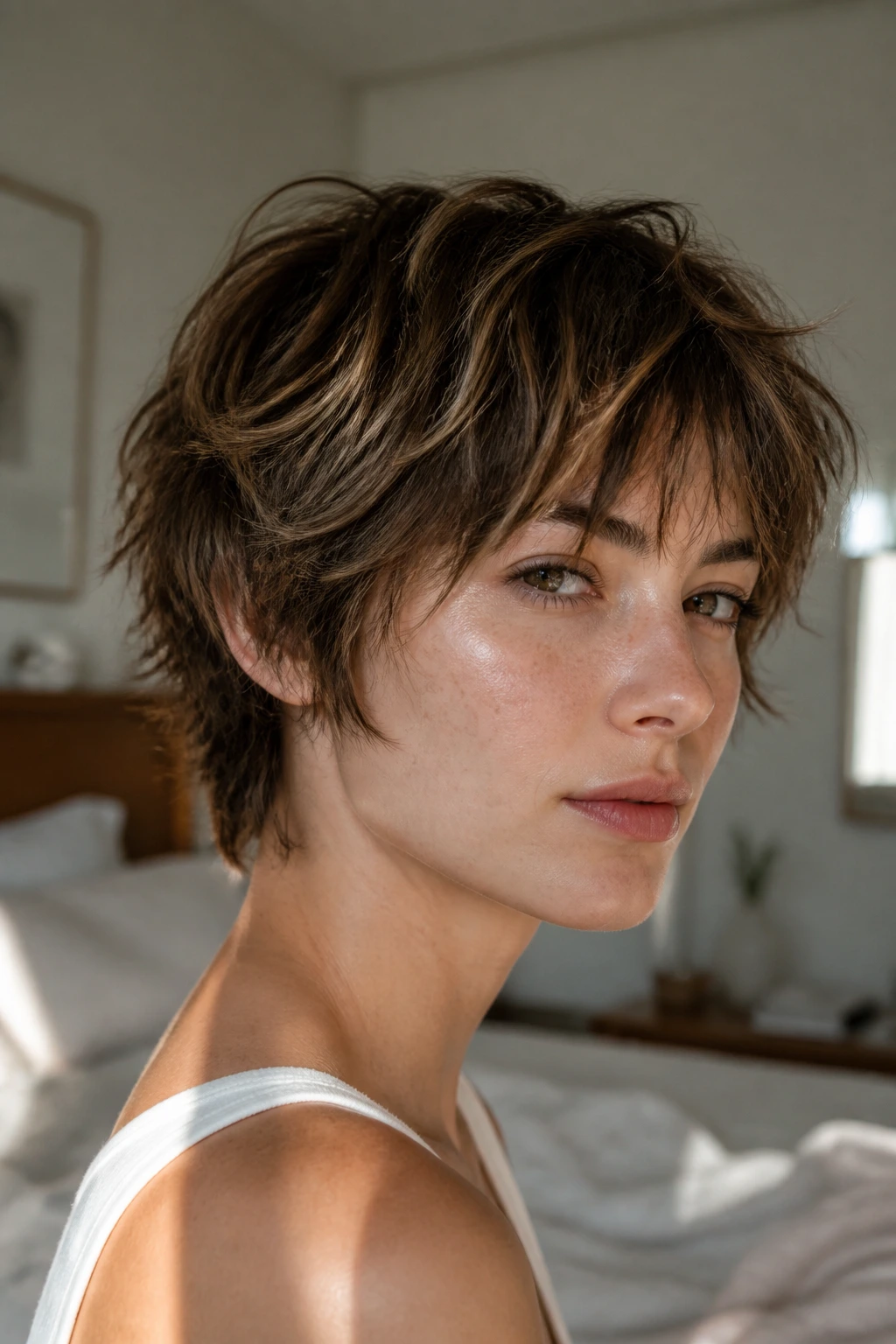 Portrait of a real woman with soft textured short haircut in warm window light