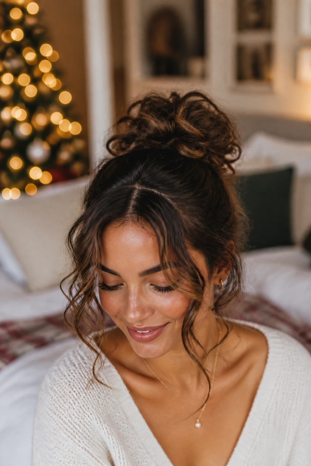 Woman with a soft top knot and curtain curls, cozy festive bedroom setting.