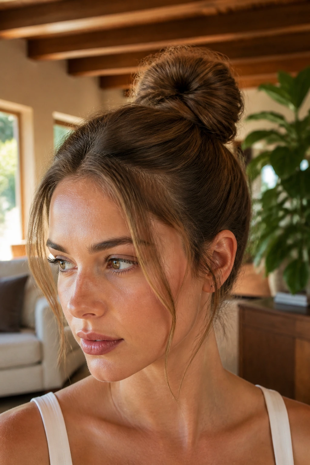 Close-up portrait of a real woman with a soft topknot and face-framing pieces